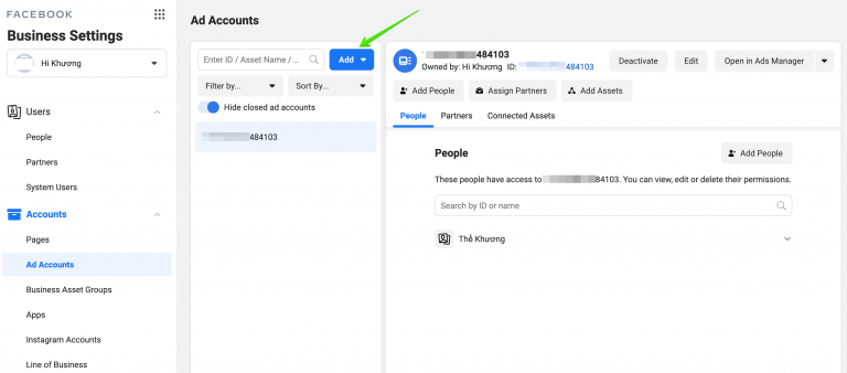 Bạn truy cập khu vực tài khoản quảng cáo (Ad Accounts) và chọn Thêm (Add)