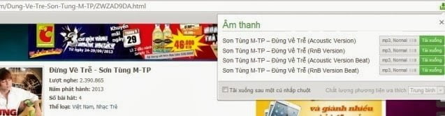 b. Hướng dẫn tải video, file nhạc mp3 từ trang Zing mp3 - Cách tải file như hướng dẫn ở mục a ở trên. - Lưu ý: Khi bấm vào Album nhạc, chương trình sẽ hiển thị link tải tất cả các bài hát trong Album để tải về như hình bên dưới. Có thể lựa chọn tải cùng lúc nhiều file.