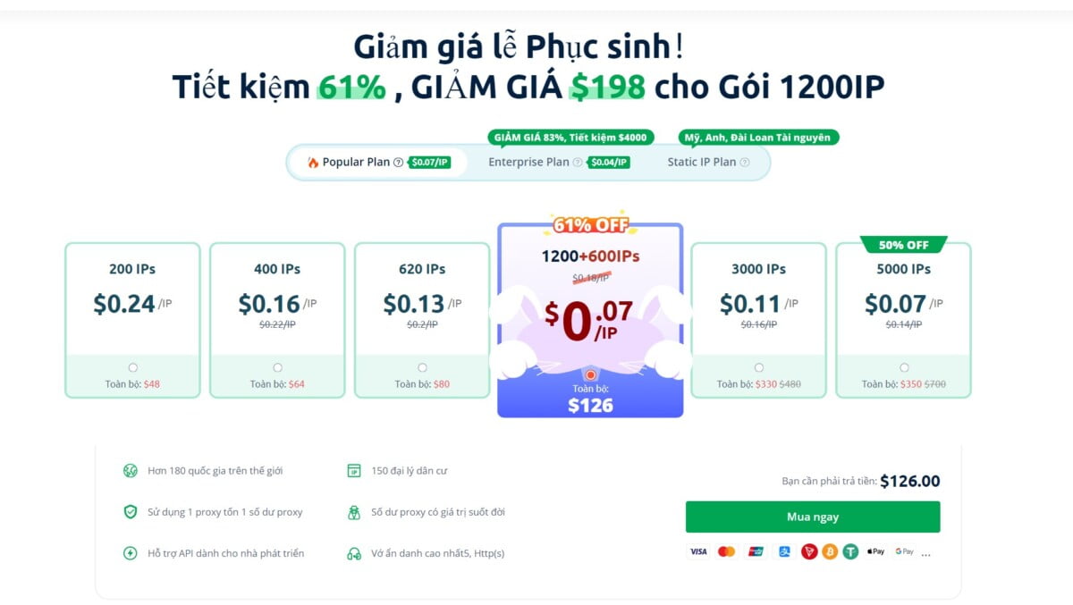 Các gói sản phẩm proxy của pia proxyv6