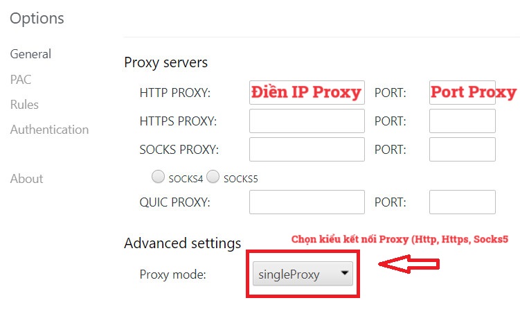 Bước 2: Thiết lập thông tin Proxy helper