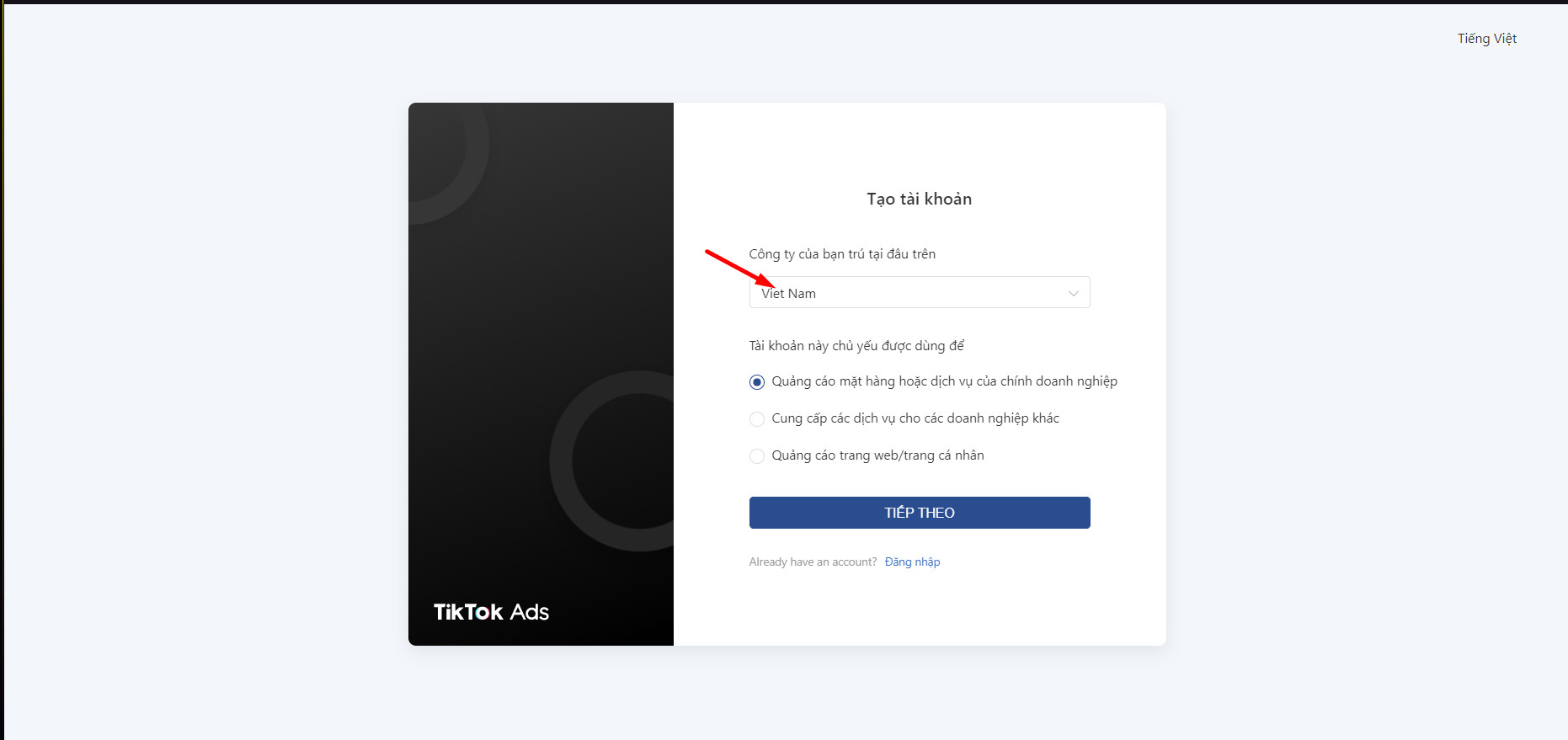 Đăng kí tài khoản tikok ads