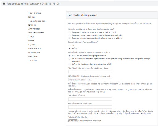 Báo cáo tài khoản Facebook giả mạo bằng Link 808