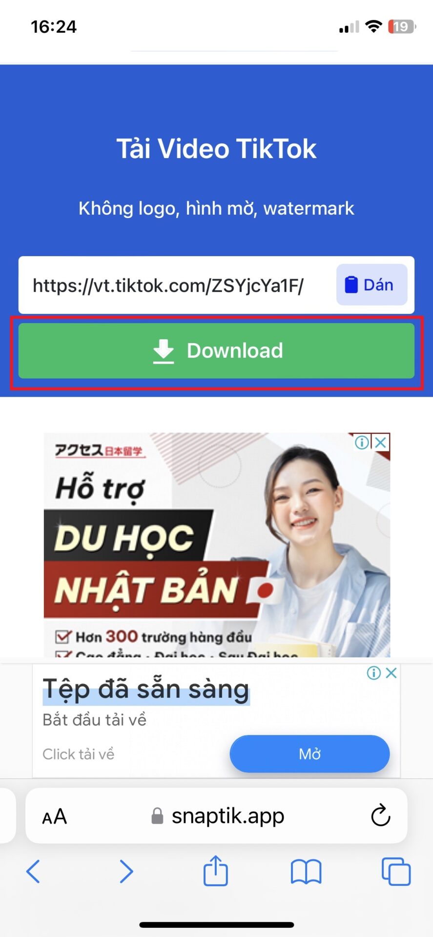 Truy cập vào Snaptik và dán Link